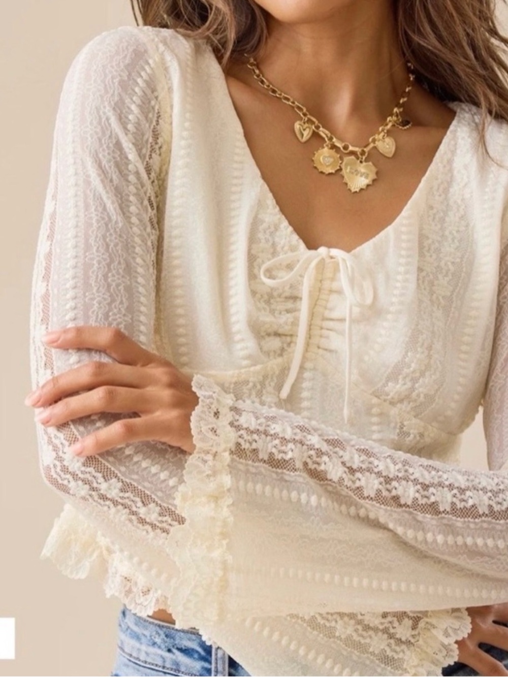 [NWT] Altar'd State Cream Lace-Trim V-Neck Tie Blouse Medium